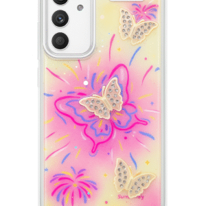 Samsung Galaxy A15 3D Butterfly Glitter Cover – Pink Fireworks Design